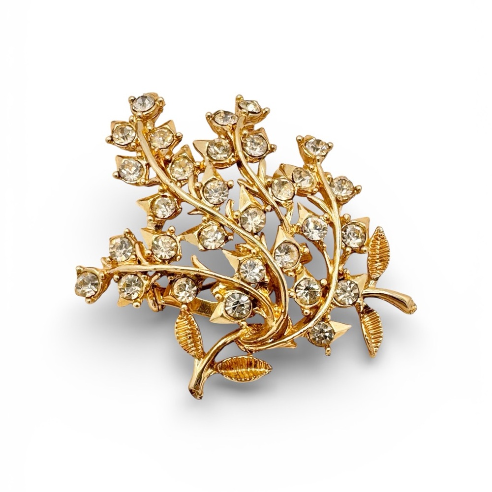 Vintage Coro Gold tone and Rhinestones Floral Brooch